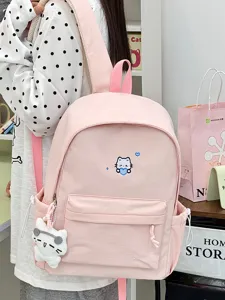 Leuke roze schoolrugzak voor meisjes, grote casual dagrugzak met kattenborduurwerk en hanger.