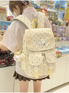 Koreaanse retro stippen rugzak met schattige konijnenhanger, casual schooltas voor dagelijks gebruik.