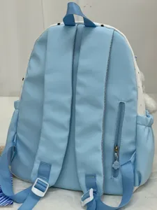 Leuke blauwe en witte studentenrugzak met grote capaciteit en comfortabele schouderbanden.