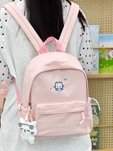 Roze canvas schoolrugzak met schattig kattenborduurwerk, ruime casual dagrugzak voor reizen.