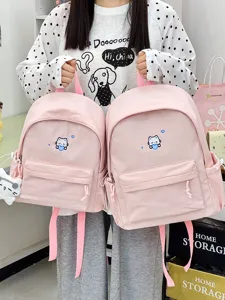 Roze canvas schoolrugzak voor studenten, grote casual dagrugzak met schattig kattenborduurwerk.