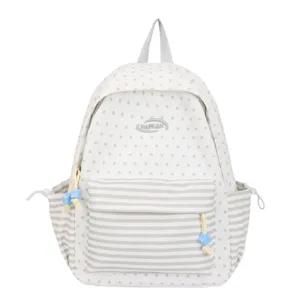 Stylish white star backpack for women, casual school bookbag with striped front pocket and charms.