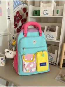 Koreaans dopamine colorblock damesrugzak, stijlvolle casual schooltas, levendige dagrugzak.
