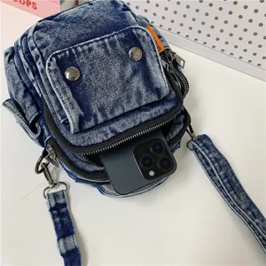Casual denim cross body bag for women stylish multi pocket shoulder bag with zipper and strap