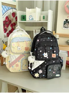 Leuke canvas schoolrugzak met sterrenpatroon en berenpatches voor tiener-meisjes.