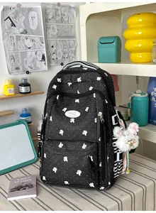 Casual zwarte polkadot rugzak voor dames, schattige Japanse stijl schooltas met leuke hanger.