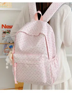 Roze gestipte schattige konijnen rugzak met pluche hanger voor dames en scholieren.