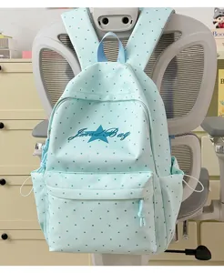 Lichtblauwe rugzak met stippen en ster voor meisjes, schattige schooltas voor studenten.