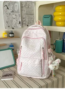 Roze polkadot schoolrugzak met schattige pluche konijnenhanger, zoete studenten dagrugzak.