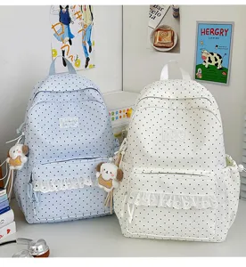 Koreaanse stijl polkadot schoolrugzak met schattige kantafwerking en honden hanger voor dagelijks.