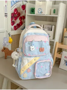 Leuke esthetische schoolrugzak voor tienermeisjes, grote pastel boekentas met doorzichtige vak.