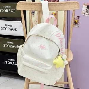 Koreaanse stijl canvas rugzak met sterren en harten print, grote capaciteit voor studenten.