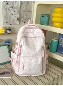 Kawaii roze stippen rugzak voor tienermeisjes, schattige esthetische schooltas