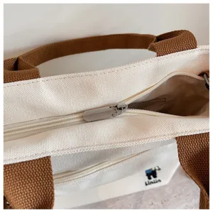 Sac cabas en toile de style coréen avec anses marron, grand sac bandoulière de loisir.