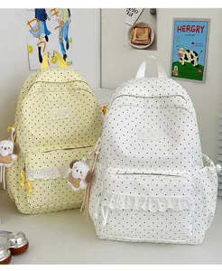 Koreaanse stijl polkadot schoolrugzak met schattige kantrand en leuke pop bedel voor meisjes.