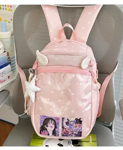 Leuke roze rugzak met sterren, engelenvleugels en transparant vakje voor schattige schoolmeisjes.
