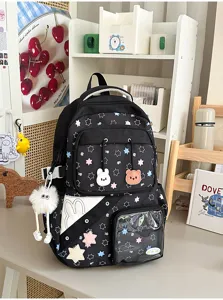 Leuke zwarte schoolrugzak voor meisjes grote capaciteit sterrenprint studententas kawaii tas