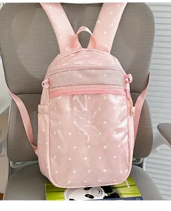 Roze sterren rugzak voor meisjes, schattige schooltas met doorzichtige voorzak en stijl.