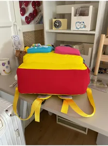 Gedetailleerd overzicht van de stijlvolle dopamine color-block rugzak voor dames en schoolreizen.