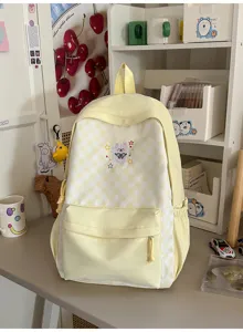 Gele en witte ruitjes schoolrugzak met schattige strik puppy borduurwerk, grote capaciteit tas.