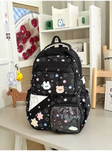 Leuke zwarte schoolrugzak voor tienermeisjes met sterrenmotief en grote capaciteit en vak.