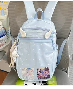 Leuke rugzak met engelen vleugels en sterren patroon voor meisjes, stijlvolle lichtblauwe schooltas