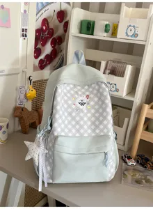Modieuze geruite canvas schoolrugzak met schattige strik borduurwerk en grote capaciteit.