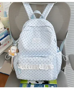 Leuke blauwe rugzak met polkadots en kanten volants Koreaanse stijl schattige schooltas.