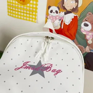 Japanse stijl witte gestippelde ster schoolrugzak voor dames, lichte casual studententas.