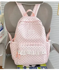 Roze stippen rugzak met kantafwerking, schattige casual schooltas voor meisjes lichtgewicht