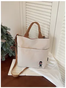 Sac cabas en toile épaisse de style coréen avec bandoulière, idéal pour les cours et le travail.