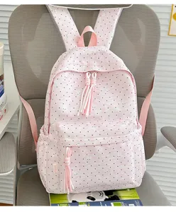 Roze stippen rugzak met schattig konijnenpatroon, casual studentenschooltas voor dagelijks.