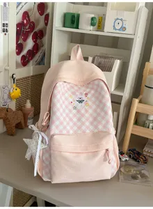 Roze geruite schoolrugzak met schattige berenborduursel, grote capaciteit voor studenten.