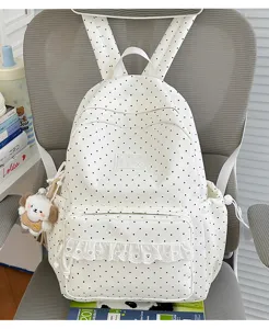 Koreaanse stijl polkadot rugzak met mooie kantafwerking en een schattige hondenhanger.