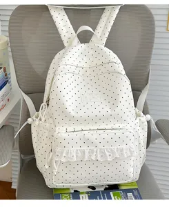 Gedetailleerd overzicht van Koreaanse stijl schattige polkadot rugzak met kant.