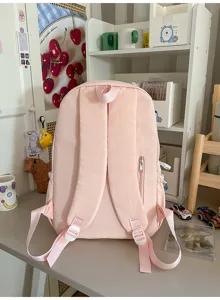 Roze canvas campus rugzak voor studente meisjes, grote schooltas met achterzak met rits.