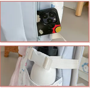 Gedetailleerd overzicht van de rugzakzak met opbergruimte voor telefoon en waterfles.