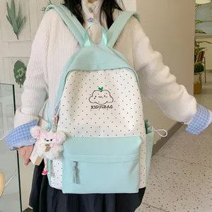 Japanse Stijl Schoolrugzak Voor Meisjes Polka Dot Wolkenprint Grote Capaciteit Studenten Boekentas Met Konijn Sleutelhanger Roze Groen Blauw Zwart
