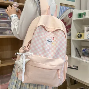 Mode Geruite Schoolrugzak Voor Meisjes Koreaanse Ins Grote Capaciteit Studenten Boekentas Met Strik En Ster Hanger Nylon Reisrugzak