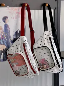 Vue détaillée de sac de poitrine transparent avec motif d'étoiles et fenêtre pour badges.
