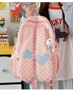 Sweet pink polka dot backpack with cute bunny ears, lace trim and star heart patches for daily use.