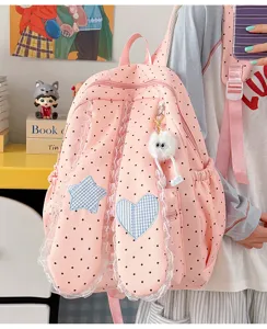Sweet pink polka dot backpack with bunny ears lace trim cute school bag for teenage girls