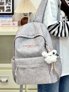 Lässiger grauer Strick Rucksack für Studenten, leichter Laptop Rucksack mit Plüsch.
