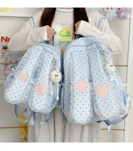 Sweet sweet lolita polka dot bunny ear backpack detail, cute lace trim and star heart patches.