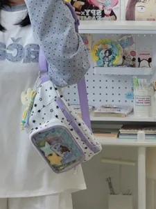 Sac bandoulière style collège toile motif étoile avec poche transparente pour femme école