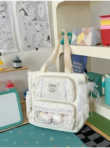 Canvas shopper tas met sterren, kanten rand en een doorzichtig voorvak voor school.