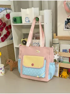 Koreaanse stijl dopamine color-block canvas tote bag, schattige schoudertas met meerdere zakken.