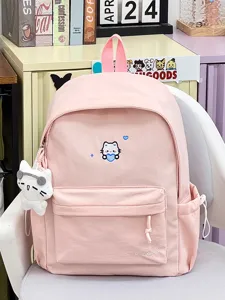 Roze canvas rugzak met schattig kattenborduurwerk en pluche hanger, ideaal voor school en reizen.