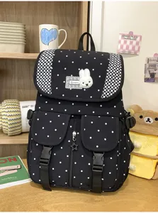 Zwarte stip rugzak retro schooltas met schattige konijn patch en ruitjesrand stijl casual dagelijks
