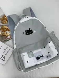 Grijze witte rugzak met zwarte kat en sterren print stijlvolle schooltas voor dagelijks gebruik